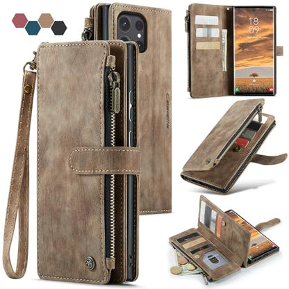 Samsung Galaxy S24 Ultra 5G Wallet Case with Card Holder Kickstand Magnetic Zipper Pocket Lanyard Strap Wristlet,Leather Flip Case Wallet for Samsung Galaxy S24 Ultra 5G 6.8 Inch(Brown) - color: Brown, size: S24 Ultra 6.8 Inch
