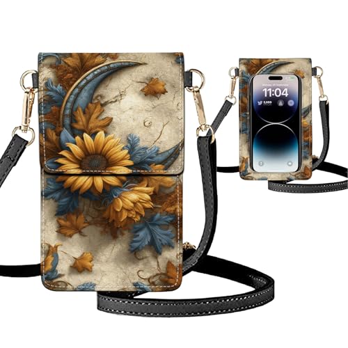 Small Crossbody Bags for Women Touchscreen Cell Phone Bag Cross Body Purses with adjustable Strap,Gifts For Teenage Girls - color: Sunflowers & Moon