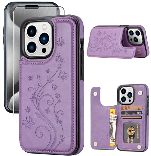 Wallet Case for iPhone 15 pro max, Slim Protective case with Card Holder,Premium PU Leather Kickstand Card Slots Case with Double Magnetic Clasp for iPhone 15 promax(6.7")-Purple Butterfly - color: Purple