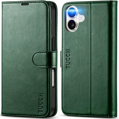 TUCCH Wallet Case for iPhone 16 (6.1") 2024, 4 Card Slots, Evergreen | RFID Blocking, Viewing Stand, Shockproof TPU Shell, PU Leather, Magnetic Closure, Protective Folio Flip Cover - color: Evergreen