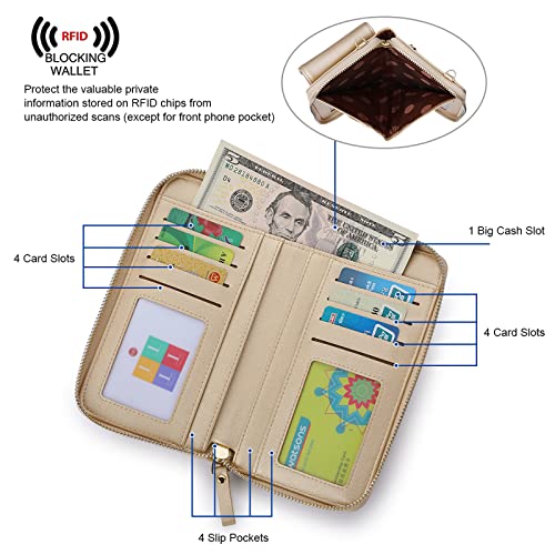 S-ZONE Small Crossbody Bags for Women Phone Purse RFID Blocking Wallet | Card Slots, Vegan Leather, Anti-theft, Multi Pockets, Detachable Adjustable Strap, Travel Eveyday Outing - color: Metallic Gold