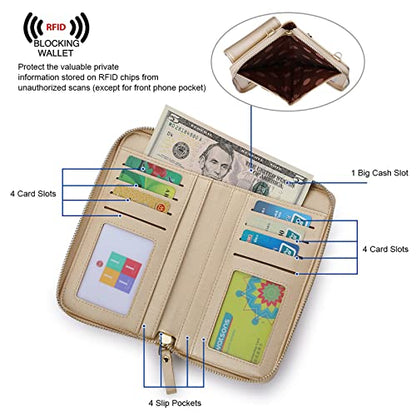 S-ZONE Small Crossbody Bags for Women Phone Purse RFID Blocking Wallet | Card Slots, Vegan Leather, Anti-theft, Multi Pockets, Detachable Adjustable Strap, Travel Eveyday Outing - color: Metallic Gold
