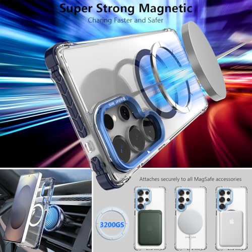 Nvollnoe for Samsung S25 Ultra Case Compatible with MagSafe Military Grade Shockproof Heavy Duty Protective Adjustable Kickstand Ultra Clear Magnetic Phone Case for Samsung S25 Ultra(Blue) - color: Clear-Blue