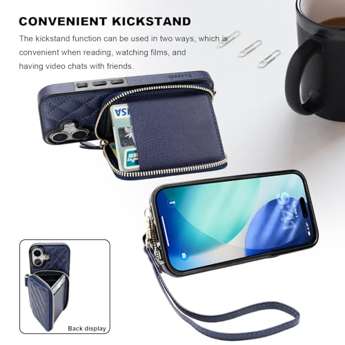 Bocasal Crossbody Wallet Case Card Holder for iPhone 17, Dark Blue | RFID Blocking PU Leather Zipper Handbag Purse, Kickstand Flip Folio Case with Card Slots Holder Wrist Strap Lanyard 6.3 Inch - color: Dark Blue