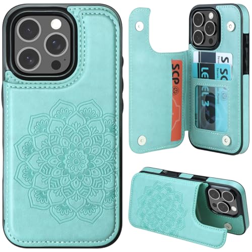 MMHUO for iPhone 16 Pro Case with Card Holder,Flower Magnetic Buttons Protective Wallet Case for Women for iPhone 16 Pro (6.3 Inch),Mint - color: Mint, size: for iPhone 16 Pro 6.1"-(S)(Three Cameras)