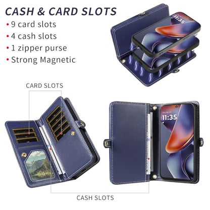 Phone Case for Motorola Moto G 5G 2025 Zipper Wallet Detachable Magnetic Cell Cover with Crossbody Lanyard Strap Bling Glitter Flip Credit Card Holder Slots G5G 5 G G5 Women Men Girls Dark Blue - color: Dark Blue