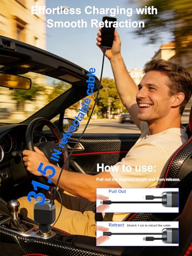 87W Retractable Car Charger, Cigarette Lighter USB Charger for iPhone 17