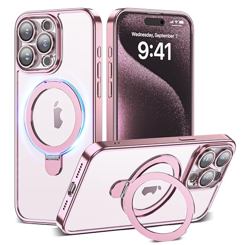 Compatible with iPhone 15 Pro Case with Magnetic Ring Stand [Camera Len Protectors][Compatible with Mag-Safe] Clear Plating Phone Case for iPhone 15 Pro 6.1",Rose Gold - color: Rose Gold, size: iPhone 15 Pro