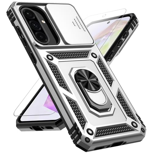 for Samsung Galaxy A36 5G Case with Slide Camera Cover HD Screen Protector [Military Grade 16ft. Drop Tested] Magnetic Ring Holder Kickstand Protective Phone Case for Galaxy A36 5G 2025, Silver - color: Silver w/ Slide Camera 2nd gen. Military Grade