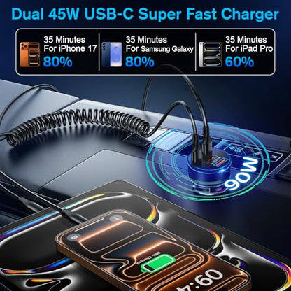 90W Car Charger USB C, 4-Port Super Fast Charging Cigarette Lighter Plug - size: 2 Pack