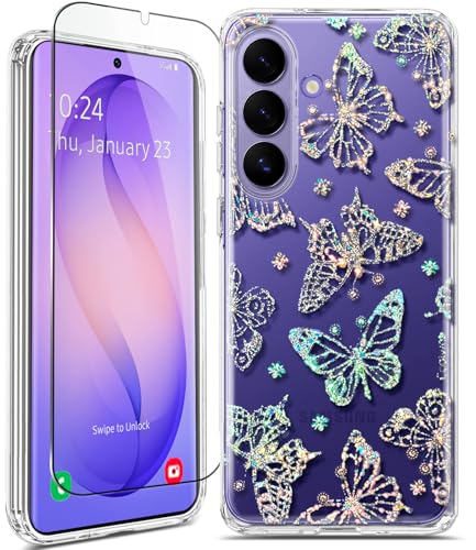 Clear Glitter for Galaxy S26 Butterfly Case, [Screen Protector] Shockproof Thin Flower Slim Cute Crystal Bling Women Hard Back Soft TPU Bumper Protective for Samsung S26 6.3 inch - color: Clear with Bling Butterfly, size: 6.3 inch (for S26)