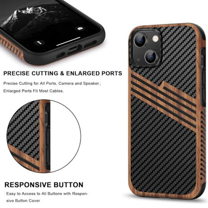 TENDLIN Compatible with iPhone 14 Case Wood Grain with Carbon Fiber Texture Design Leather Hybrid Slim Case (Three Stripe) - color: Three Stripe, size: iPhone 14