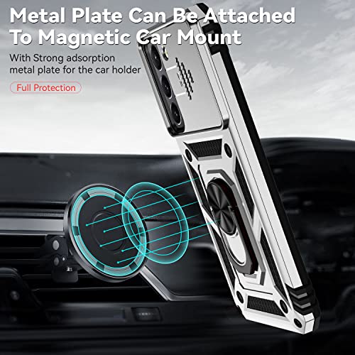 for Samsung Galaxy S22 Case with Camera Lens Cover HD Screen Protector, Dual Layer Military-Grade Drop Tested Magnetic Ring Holder Kickstand Protective Phone Case for Samsung Galaxy S22 5G (Silver) - color: Silver with camera cover Military-Grade 2nd gen