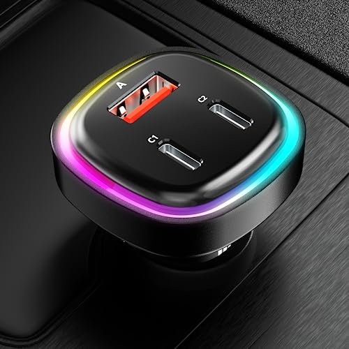 66W USB C Car Charger, [All Metal] 2PD + QC3.0 USB Car Cigarette Lighter USB Charger Adapter with RGB for Samsung Galaxy S23/22/21 iPhone iPad Pro Pixel Android Phones