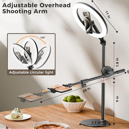 LULED 11" Desk Ring Light, Ring Light with Tripod Stand, Overhead Phone Mount for Video Recording & Tripod for Cooking, Live Streaming TikTok & YouTube, with Bluetooth Remote Compatible with iPhone