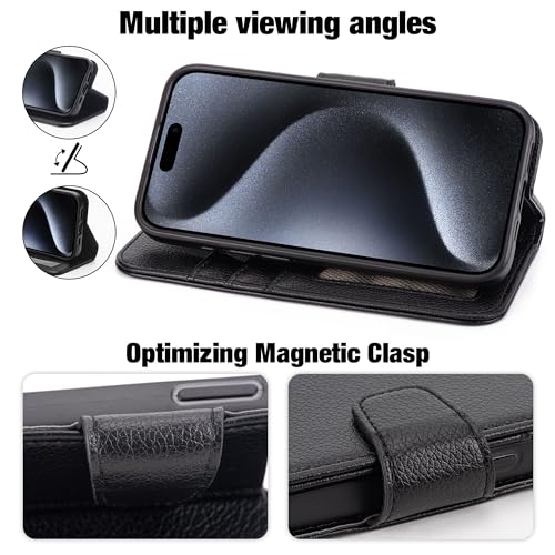 Arae Compatible with iPhone 15 Pro Case with Card Holder and Wrist Strap Wallet Flip Cover for iPhone 15 Pro 6.1 inch Men RFID Blocking Wristlet Kickstand,Litchi Black - color: Litchi Black, size: iPhone 15 Pro 6.1 inch