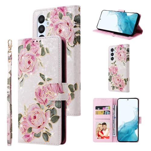 UEEBAI Wallet Case for Samsung Galaxy A16 4G/5G, PU Leather Phone Cover Kickstand RFID Blocking Flip Case Card Slots Wrist Strap Relief Engraved Pattern Magnetic Closure Folio Cover - White Rose - color: White Rose, size: Samsung Galaxy A16 4G/5G