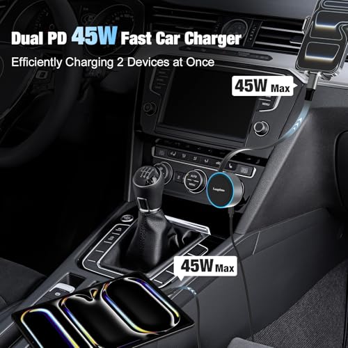 90W USB C Retractable Car Charger Built-in Type-C Cable for iPhone Android
