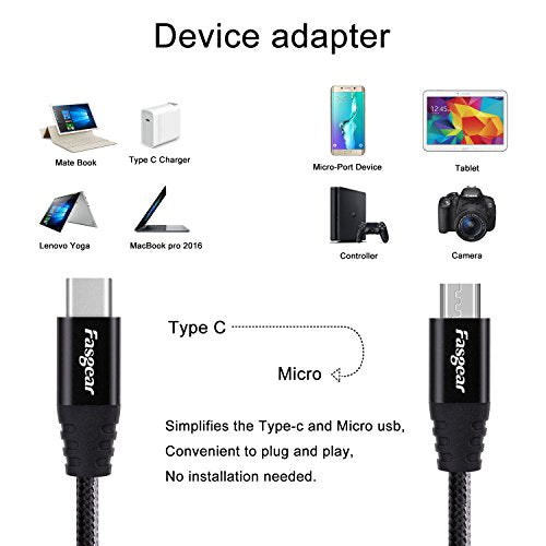 Fasgear USB C to Micro USB Cable, Black, 3ft - color: Black, size: 3ft