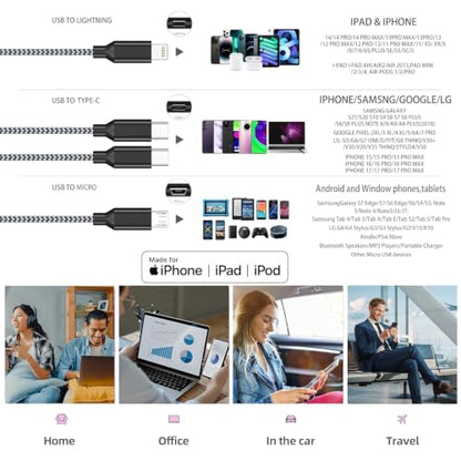 4 in 1 Multi Charging Cable 4ft 2 Pack,Braided MFi Certified Charger Cable - color: Black Grey-4ft