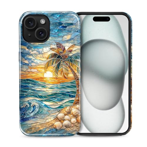 Case for iPhone 15, Dual Layer Phone Cover, Stained Glass Beach Palm | Shockproof Hybrid Phone Case, Soft TPU and Hard PC, Durable Anti-Scratch Protection - color: Stained Glass Beach Palm, size: Iphone 15