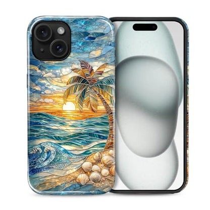 Case for iPhone 15, Dual Layer Phone Cover, Stained Glass Beach Palm | Shockproof Hybrid Phone Case, Soft TPU and Hard PC, Durable Anti-Scratch Protection - color: Stained Glass Beach Palm, size: Iphone 15