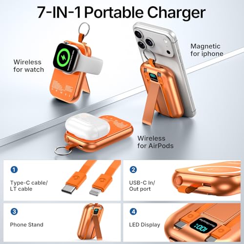 for MagSafe Portable Charger, 10000mAh Power Bank with Built-in 2 Cables - color: Orange