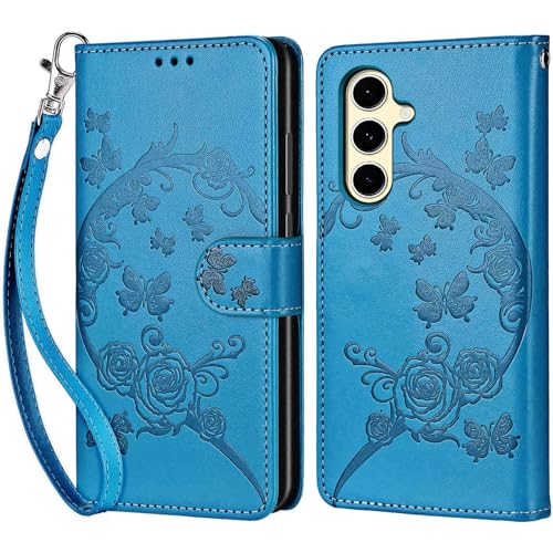 for Samsung Galaxy S24 FE Wallet case, Blue-Flower | 3 Card Holders, Kickstand, Shockproof TPU Shell, PU Leather, Magnetic Closure, Protective Flip Folio Cover, Women - color: 7