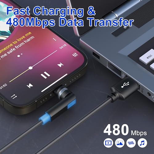 90-Degree Lightning Cable with 360 Degree Rotating Head for Apple-Carplay [MFi, 2.4A, Data Sync] Fast Charging Cable Right Angle iPhone Charger Cord for iPhone14 13 12 11 X 8 7 6 5 Pro Max SE Pod,6FT