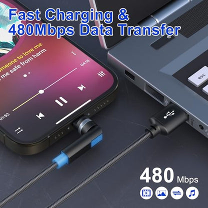 90-Degree Lightning Cable with 360 Degree Rotating Head for Apple-Carplay [MFi, 2.4A, Data Sync] Fast Charging Cable Right Angle iPhone Charger Cord for iPhone14 13 12 11 X 8 7 6 5 Pro Max SE Pod,6FT