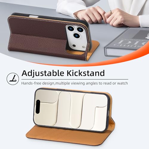 VISOUL Pebbled Genuine Leather Wallet Case for iPhone 17 Pro Max 6.9" 2025, Flip Folio Cover with RFID Blocking Card Holders, Kickstand, Soft TPU Protective Cover - Chocolate+Brown - color: Chocolate+Brown