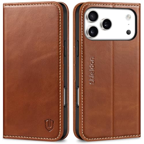 SHIELDON Genuine Leather Case Wallet for iPhone 17 Pro Max, Retro Brown | Flip Magnetic Cover, RFID Blocking, Credit Card Holder, Kickstand, Book Design, Shock-Absorbent Phone Cover - color: Retro Brown