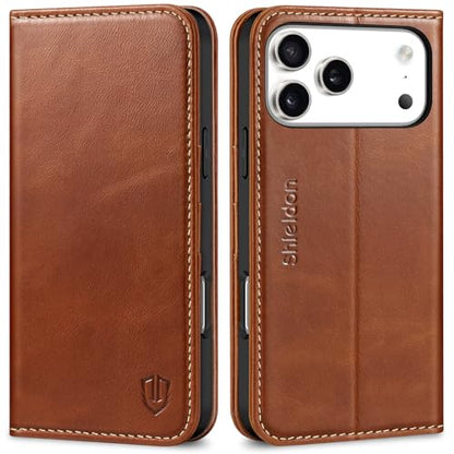 SHIELDON Genuine Leather Case Wallet for iPhone 17 Pro Max, Retro Brown | Flip Magnetic Cover, RFID Blocking, Credit Card Holder, Kickstand, Book Design, Shock-Absorbent Phone Cover - color: Retro Brown