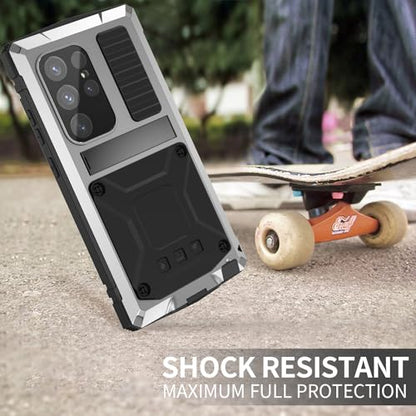 Simicoo Compatible with Samsung Galaxy S24 Ultra Metal Bumper Heavy Duty Case with Stand Gorilla Glass Camera Cover Hybrid Durable Military Rugged Shockproof Rugged Full Body Men(Silver) - color: Silver, size: Samsung S24 Ultra