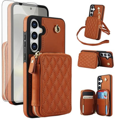 Asuwish Phone Case for Samsung Galaxy S25 5G Wallet Cell Cover with Tempered Glass Screen Protector Wrist Crossbody Strap RFID Blocking Credit Card Holder S 25 25S 25 25S SM-S931U Women Girls Brown - color: Brown