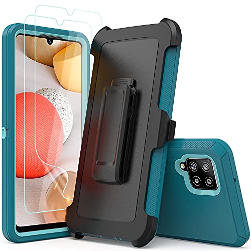 Compatible with Samsung Galaxy A42 5G Case,with Screen Protectors,Heavy Duty Rugged Shockproof Full Body Protection Kickstand Case with Belt Clip Holster for Samsung Galaxy A42 5G (Teal+Light Blue) - color: Teal+Light Blue
