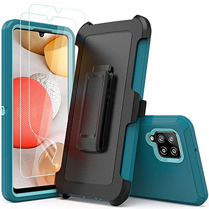 Compatible with Samsung Galaxy A42 5G Case,with Screen Protectors,Heavy Duty Rugged Shockproof Full Body Protection Kickstand Case with Belt Clip Holster for Samsung Galaxy A42 5G (Teal+Light Blue) - color: Teal+Light Blue