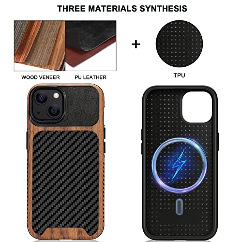TENDLIN Magnetic Case Compatible with iPhone 13 Case Wood Grain with Carbon Fiber Texture Design Leather Hybrid Slim Cover (Compatible with MagSafe) Black - color: Magnetic Black