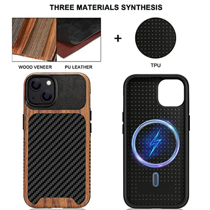 TENDLIN Magnetic Case Compatible with iPhone 13 Case Wood Grain with Carbon Fiber Texture Design Leather Hybrid Slim Cover (Compatible with MagSafe) Black - color: Magnetic Black