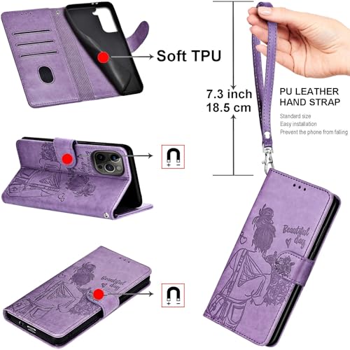 for iPhone 13/14 Wallet case, Purple-Girl | 3 Card Holders, Kickstand, Shockproof TPU Shell, PU Leather, Magnetic Closure, Protective Flip Folio Cover, Women - color: 2