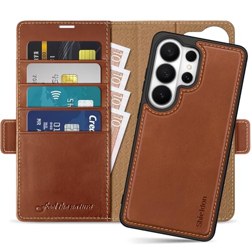 SHIELDON Detachable Leather Case Wallet for Galaxy S26 Ultra, Retro Brown | Genuine Leather, Kickstand, Magnetic Closure, RFID Blocking, Credit Card Slot, 2 in 1 Design, Folio Shockproof Cover - color: Retro Brown