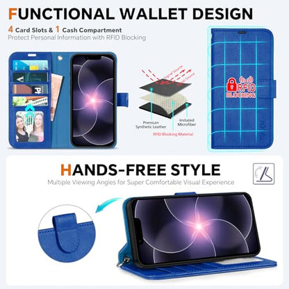 TUCCH 2-in-1 Removable Wallet Case for iPhone 17e/16e (6.1"), Klein Blue | RFID Blocking, 4 Card Holders, Kickstand, Wrist Strap, Wireless Charging, Shockproof TPU, PU Leather, Magnetic, Flip Cover - color: Klein Blue - Textured