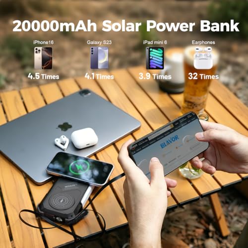 BLAVOR Solar Power Bank Built-in Retractable Cable 20000mAh - color: Black