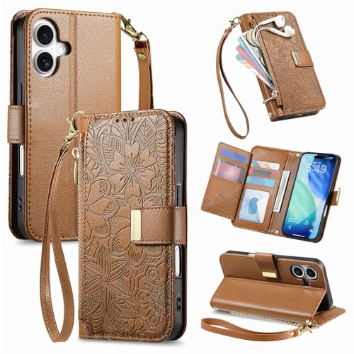 for iPhone 17 Phone Case Wallet, Brown | Built-in Card Holder (8-10 Cards), Zipper Pocket, Wrist Strap, Stand Kickstand, Flower PU Leather Protective Phone Case Women - color: Brown, size: iPhone 17