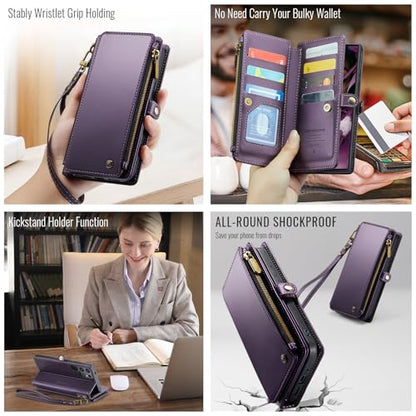 Defencase for Samsung Galaxy S25 Ultra Wallet Case with Card Holder, Purple | with RFID Blocking Zipper Pocket, Durable PU Leather, Wrist Strap, S25 Ultra Flip Phone Cases Cover with Stand for Women Men - color: Aesthetic Purple