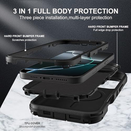 YKHJKLEC for iPhone 16 Pro Case, Military Grade 3 in 1 Heavy Duty Shockproof/Drop Proof/Dust Proof with Kickstand Case, with 2 x Tempered Glass Screen Protector & 1 x Wrist Strap (ZJ-Black/Black) - color: ZJ-Black/Black
