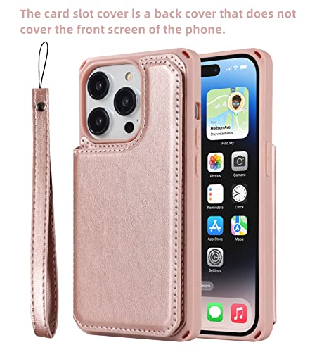iCoverCase Compatible with iPhone 14 Pro Wallet Phone Case with Card Holder for Women, RFID Blocking Embossed PU Leather Wrist Strap Case 6.1 Inch (Macaron Rose Gold) - color: P-Rose Gold