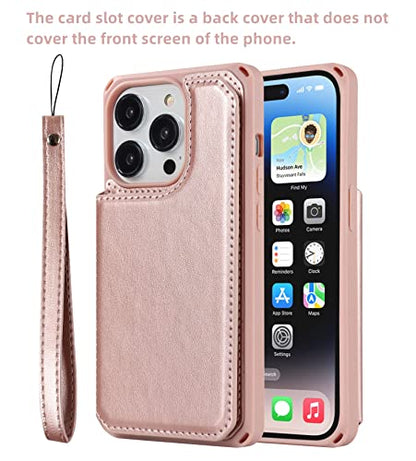 iCoverCase Compatible with iPhone 14 Pro Wallet Phone Case with Card Holder for Women, RFID Blocking Embossed PU Leather Wrist Strap Case 6.1 Inch (Macaron Rose Gold) - color: P-Rose Gold