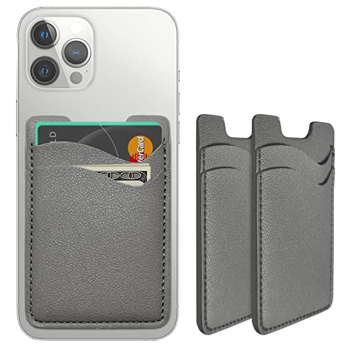 Leather Phone Card Holder - Stick On Wallet, Compatible with iPhone & Samsung, 2-Pack Grey - color: Grey