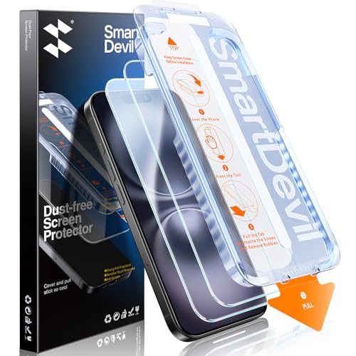 SMARTDEVIL 2 Pack for iPhone 16/ iPhone 15 Screen Protector, 9H Hardness Military Grade Shatterproof, HD Clear Tempered Glass with Auto Dust-Elimination, Bubble Free, Easy Installation, Case Friendly | 9H Hardness Military Grade Shatterproof, HD Clear Tem